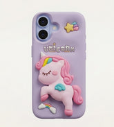 iPhone 17 Series Unicorn 3D Cartoon Silicone Soft Case For iPhone Cute Rainbow Pony Embossed Kawaii Protective Cover Purple