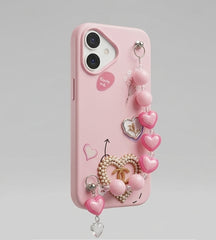 IPHONE 17 SERIES LUXE COQUETTE HEART: PEARL-EMBELLISHED, TRENDY CHARM STRAP, PREMIUM FASHION COVER PINK