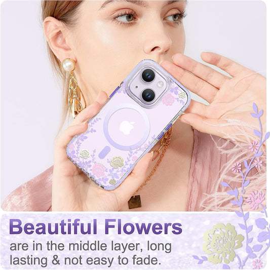 MAGNETIC CASE FOR IPHONE MAGSAFE DECORATED WITH PURPLE FLOWERS PRINT