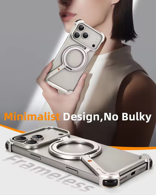 iPhone 17 Pro & 17 Pro Max Metal Frameless Bumper Case 360° Rotatable Stand with Magsafe Titanium