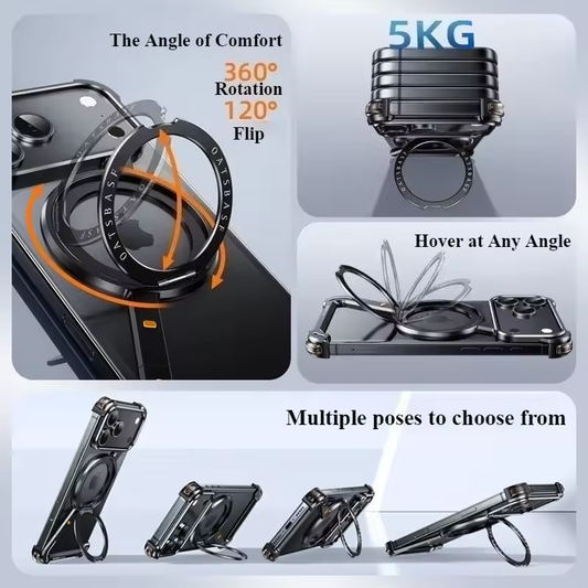 iPhone 17 Pro & 17 Pro Max Metal Frameless Bumper Case 360° Rotatable Stand with Magsafe Black