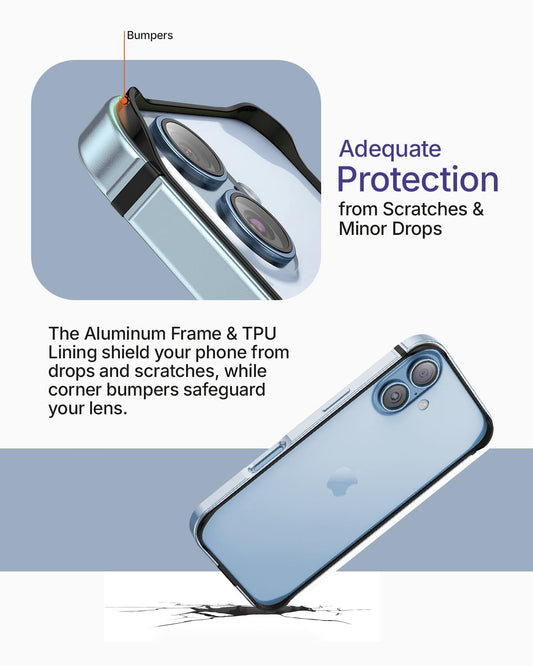 iPhone 17, 17 Pro & 17 Pro Max Frame Bumper Cover Inner Soft (No Back) | Anodized Aluminum Bumper | Edge Armor Protective Minimal Case Mist Blue