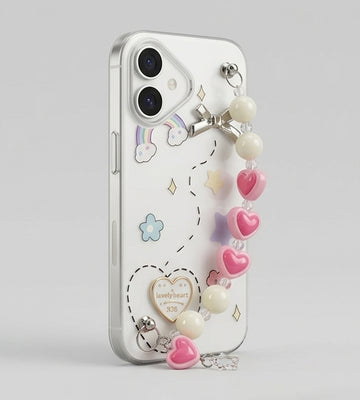IPHONE 17 SERIES LOVELY HEART CLEAR: 3D RAINBOW ACCENTS, BEADED HEART CHARM, PREMIUM TRANSPARENT PROTECTIVE COVER