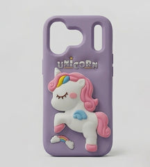 iPhone 17 Series Unicorn 3D Cartoon Silicone Soft Case For iPhone Cute Rainbow Pony Embossed Kawaii Protective Cover Purple