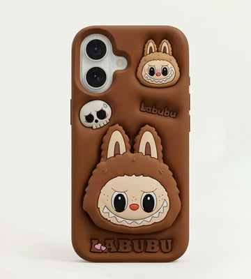 iPhone 17 Series Labubu 3D Cartoon Silicone Soft Case For iPhone Cute Monster Bunny Character Embossed Protective Cover Brown