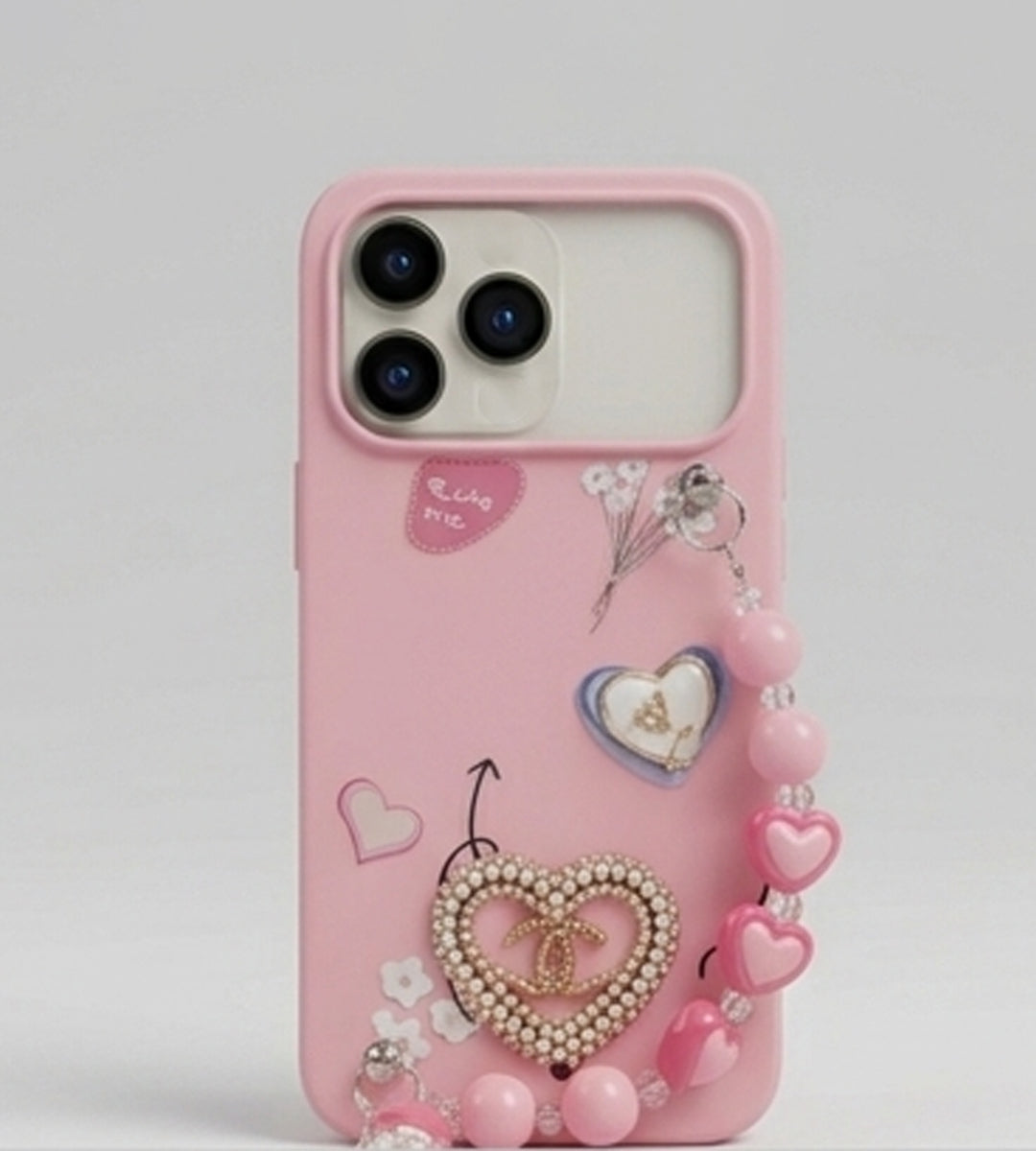 IPHONE 17 SERIES LUXE COQUETTE HEART: PEARL-EMBELLISHED, TRENDY CHARM STRAP, PREMIUM FASHION COVER PINK