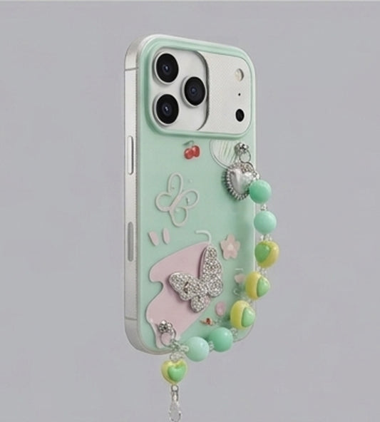 IPHONE 17 SERIES CRYSTAL BUTTERFLY MINT: FRESH DUAL-TONE, HANDMADE BEADED WRISTLET, PREMIUM GLOSS PROTECTIVE COVER