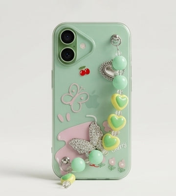 IPHONE 17 SERIES CRYSTAL BUTTERFLY MINT: FRESH DUAL-TONE, HANDMADE BEADED WRISTLET, PREMIUM GLOSS PROTECTIVE COVER