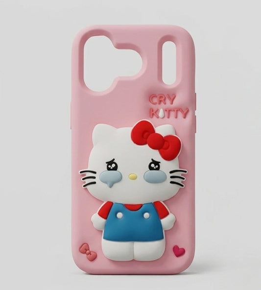 iPhone 17 Series Cry Kitty 3D Cartoon Silicone Soft Case For iPhone Cute Crying Cat Character Embossed Kawaii Protective Cover Pink
