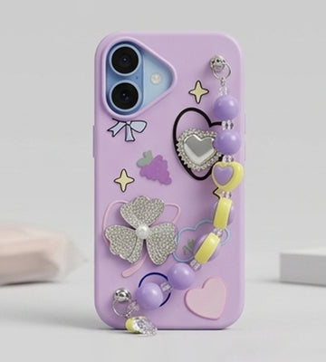 IPHONE 17 SERIES LUCKY CLOVER PURPLE: GLITTER GEM ACCENTS, HANDMADE BEADED WRISTLET, PREMIUM SOFT-TOUCH PROTECTIVE COVER