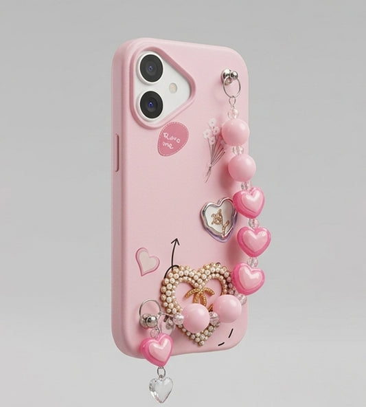 IPHONE 17 SERIES LUXE COQUETTE HEART: PEARL-EMBELLISHED, TRENDY CHARM STRAP, PREMIUM FASHION COVER PINK