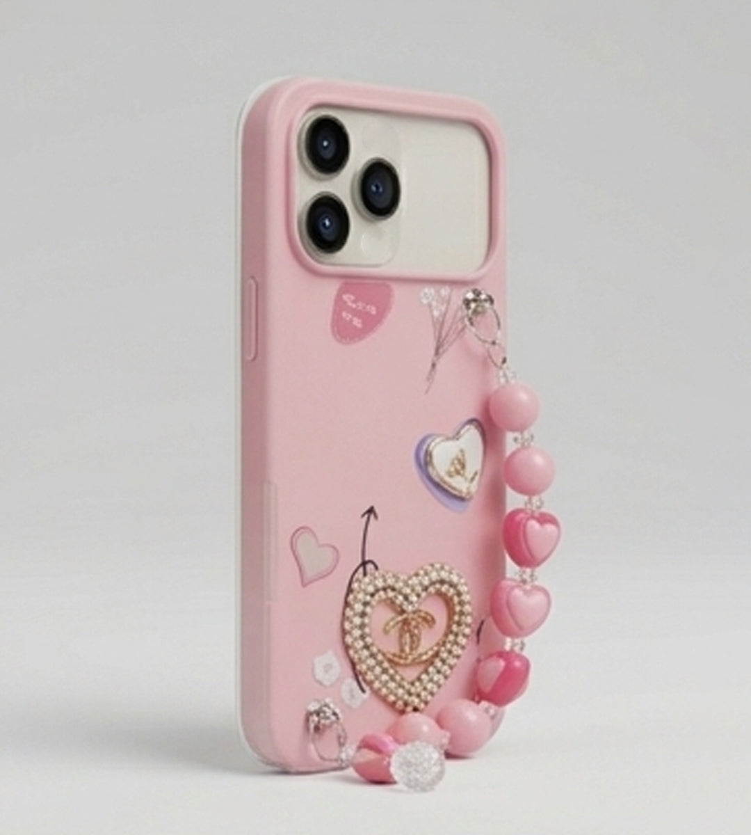 IPHONE 17 SERIES LUXE COQUETTE HEART: PEARL-EMBELLISHED, TRENDY CHARM STRAP, PREMIUM FASHION COVER PINK