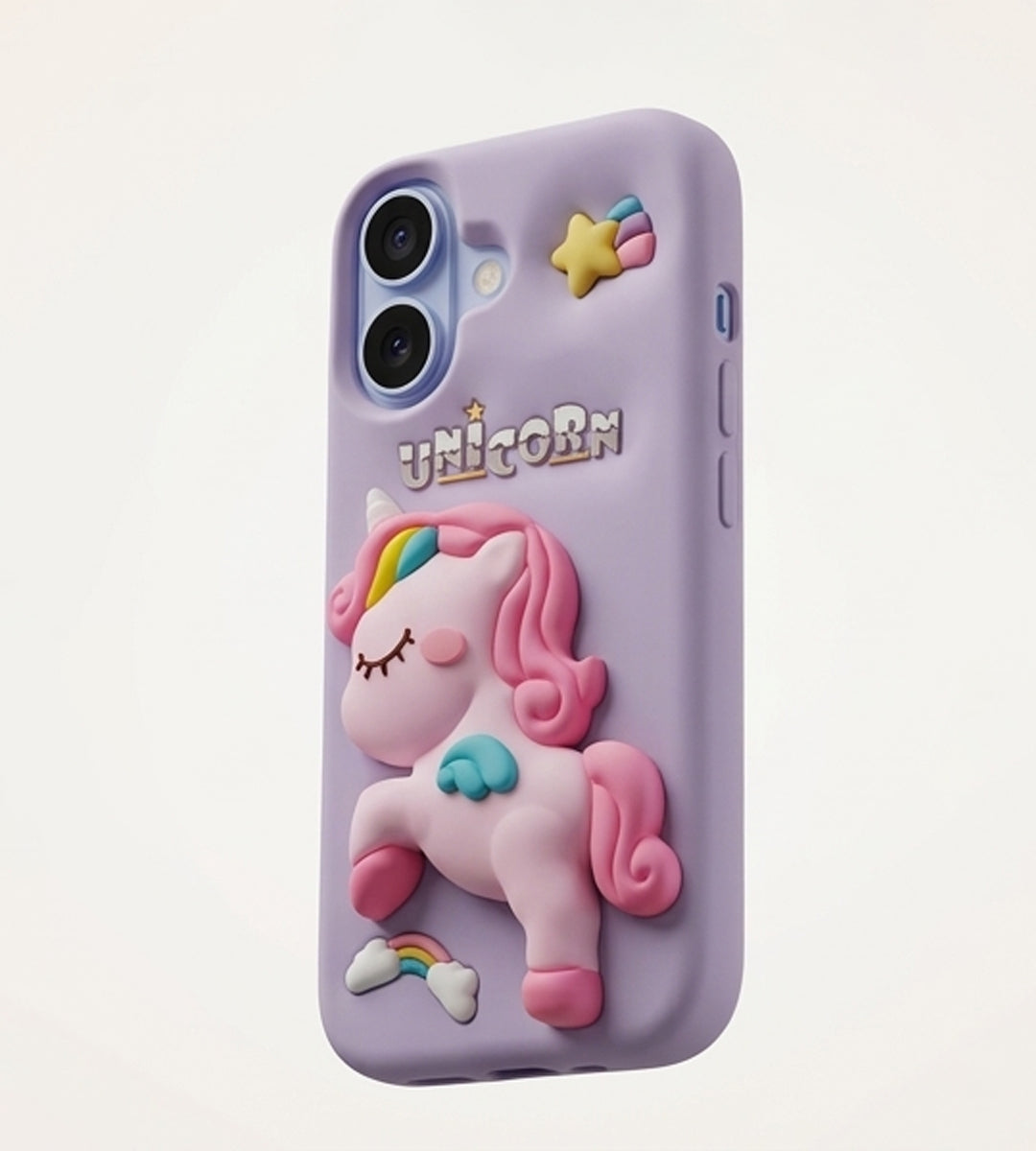 iPhone 17 Series Unicorn 3D Cartoon Silicone Soft Case For iPhone Cute Rainbow Pony Embossed Kawaii Protective Cover Purple