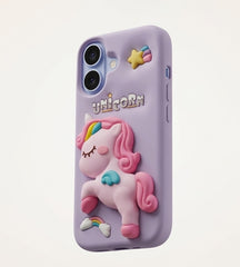 iPhone 17 Series Unicorn 3D Cartoon Silicone Soft Case For iPhone Cute Rainbow Pony Embossed Kawaii Protective Cover Purple