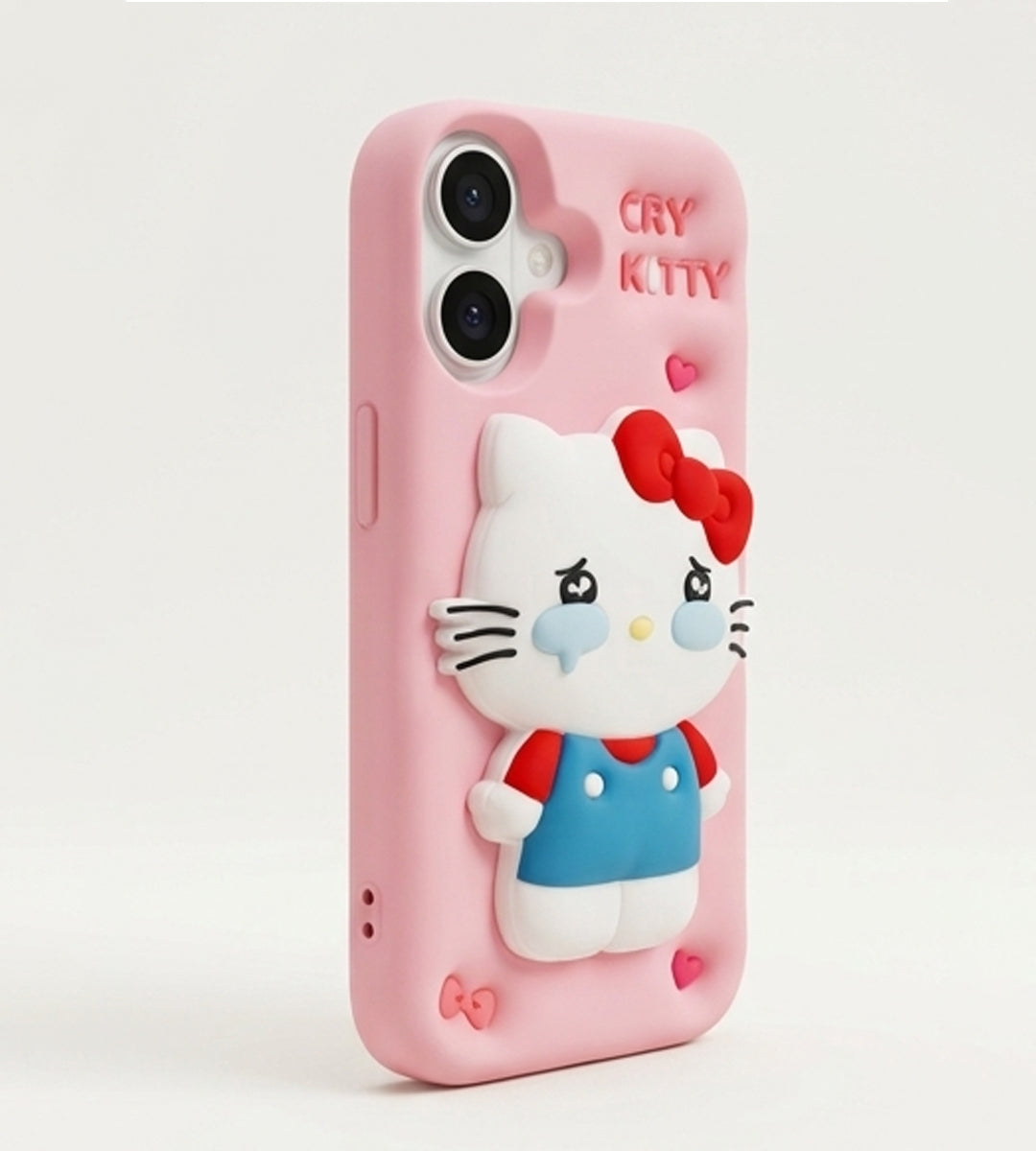 iPhone 17 Series Cry Kitty 3D Cartoon Silicone Soft Case For iPhone Cute Crying Cat Character Embossed Kawaii Protective Cover Pink