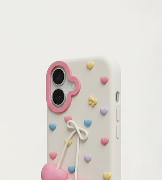 iPhone 17 Series 3D "Happy Day" Heart Cherry Case – Pastel Coquette Aesthetic Soft Silicone Cover