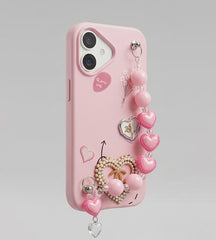 IPHONE 17 SERIES LUXE COQUETTE HEART: PEARL-EMBELLISHED, TRENDY CHARM STRAP, PREMIUM FASHION COVER PINK