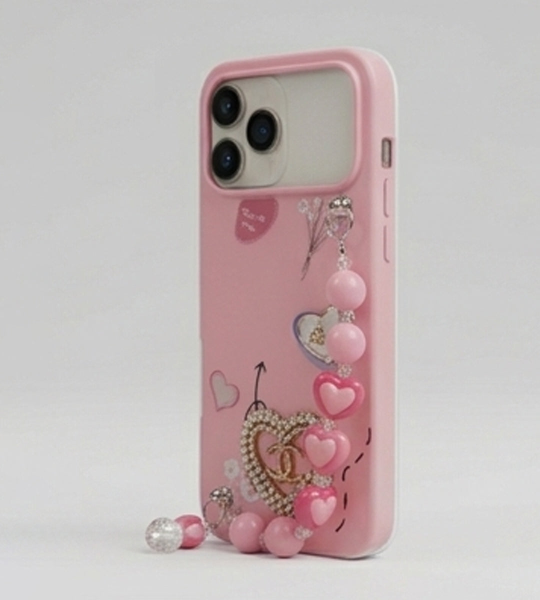 IPHONE 17 SERIES LUXE COQUETTE HEART: PEARL-EMBELLISHED, TRENDY CHARM STRAP, PREMIUM FASHION COVER PINK