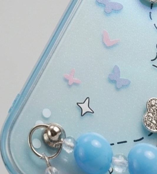 IPHONE 17 SERIES GARDEN BUTTERFLY BLUE: CRYSTAL EMBELLISHED, HANDMADE BEADED WRISTLET, PREMIUM SOFT-TOUCH PROTECTIVE COVER