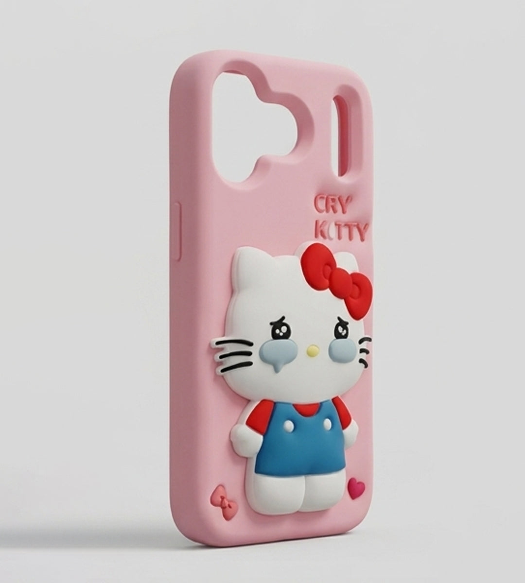 iPhone 17 Series Cry Kitty 3D Cartoon Silicone Soft Case For iPhone Cute Crying Cat Character Embossed Kawaii Protective Cover Pink