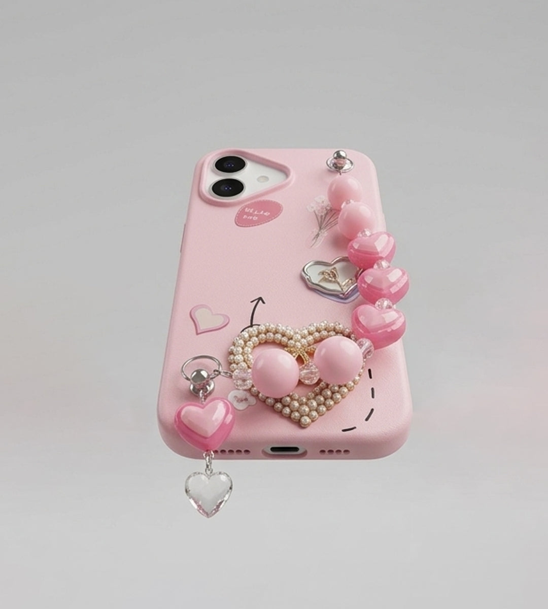 IPHONE 17 SERIES LUXE COQUETTE HEART: PEARL-EMBELLISHED, TRENDY CHARM STRAP, PREMIUM FASHION COVER PINK