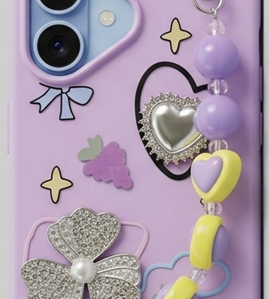 IPHONE 17 SERIES LUCKY CLOVER PURPLE: GLITTER GEM ACCENTS, HANDMADE BEADED WRISTLET, PREMIUM SOFT-TOUCH PROTECTIVE COVER