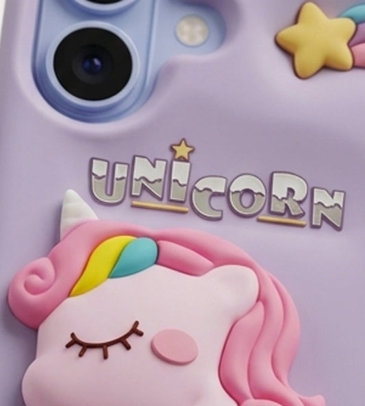 iPhone 17 Series Unicorn 3D Cartoon Silicone Soft Case For iPhone Cute Rainbow Pony Embossed Kawaii Protective Cover Purple