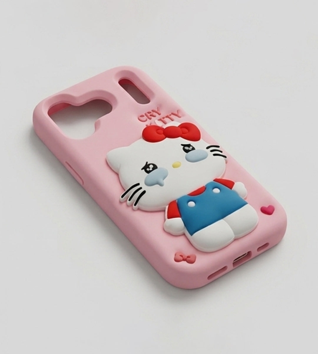 iPhone 17 Series Cry Kitty 3D Cartoon Silicone Soft Case For iPhone Cute Crying Cat Character Embossed Kawaii Protective Cover Pink
