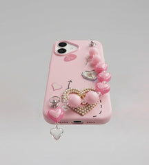 IPHONE 17 SERIES LUXE COQUETTE HEART: PEARL-EMBELLISHED, TRENDY CHARM STRAP, PREMIUM FASHION COVER PINK