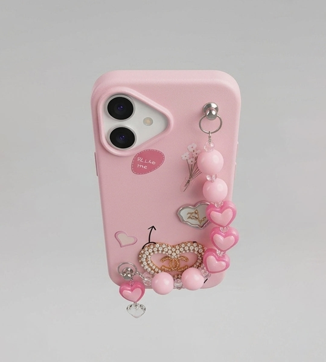 IPHONE 17 SERIES LUXE COQUETTE HEART: PEARL-EMBELLISHED, TRENDY CHARM STRAP, PREMIUM FASHION COVER PINK