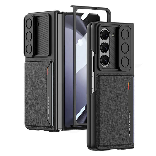 Leather Case with Lens Slider and Card Holder For Fold 5
