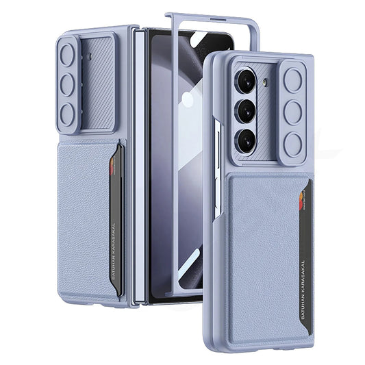 Leather Case with Lens Slider and Card Holder For Fold 5