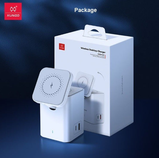 XUNDD Charging Station USB-A + Type-C Ports for Qi Support Phones & Airpods (White)  (XDCH-041) 4-in-1 Magnetic Wireless Desktop Charger, 60-Degree Adjustable